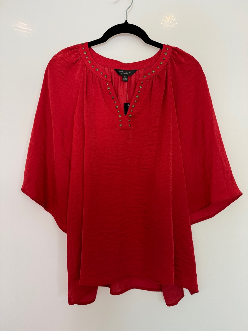 Red Flutter-Sleeve Blouse with Gold Studs